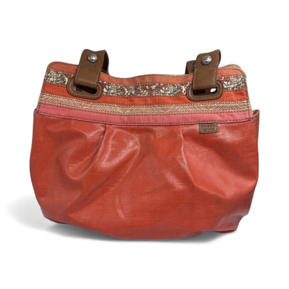 Fossil Key Per Orange Canvas Crossbody Bag Floral Trim Adjustable Strap